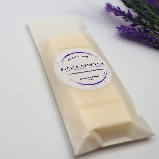 Celestial Veil soy wax melt bar with soft lilac tones and eco packaging, handmade in the UK