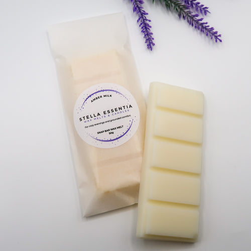Amber Milk soy wax melt bar with warm amber and vanilla scent, handcrafted by Stella Essentia