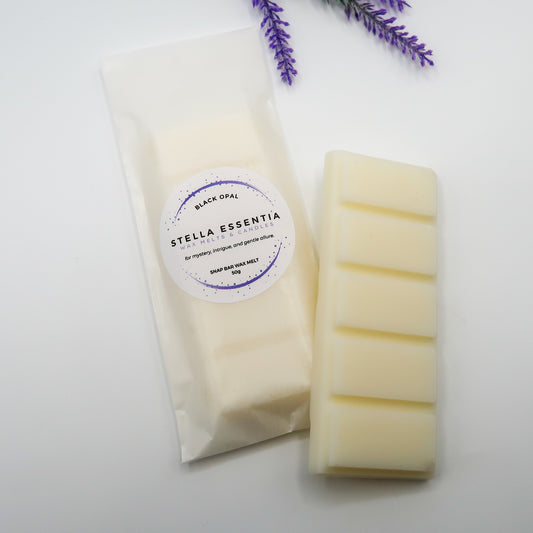 Black Opal soy wax melt bar with dark floral and musk scent, handcrafted by Stella Essentia