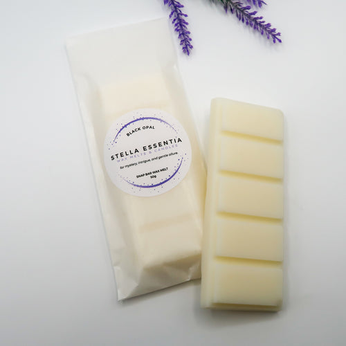 Black Opal soy wax melt bar with dark floral and musk scent, handcrafted by Stella Essentia