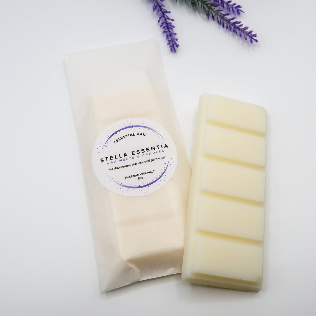 Celestial Veil soy wax melt bar with bergamot, lily, and vanilla scent, handcrafted by Stella Essentia