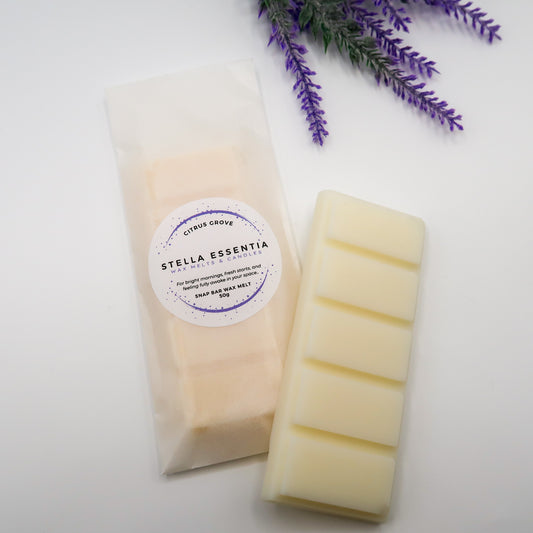 Citrus Grove soy wax melt bar with lemongrass and ginger scent, handmade by Stella Essentia