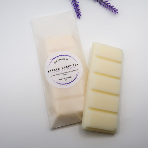 Moon Leather soy wax melt bar with bergamot, sandalwood, and musky moonlit scent, handmade by Stella Essentia