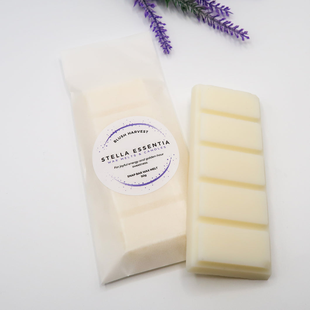 Plum & Rhubarb soy wax melt bar with sweet plum, tart rhubarb, and vanilla scent, handcrafted by Stella Essentia