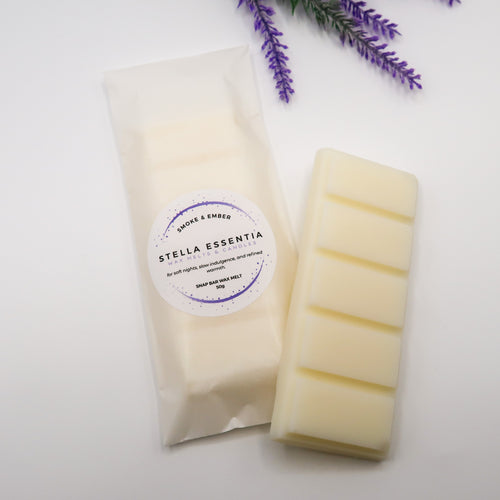Smoke & Ember soy wax melt bar with smoky wood and amber scent, handmade by Stella Essentia