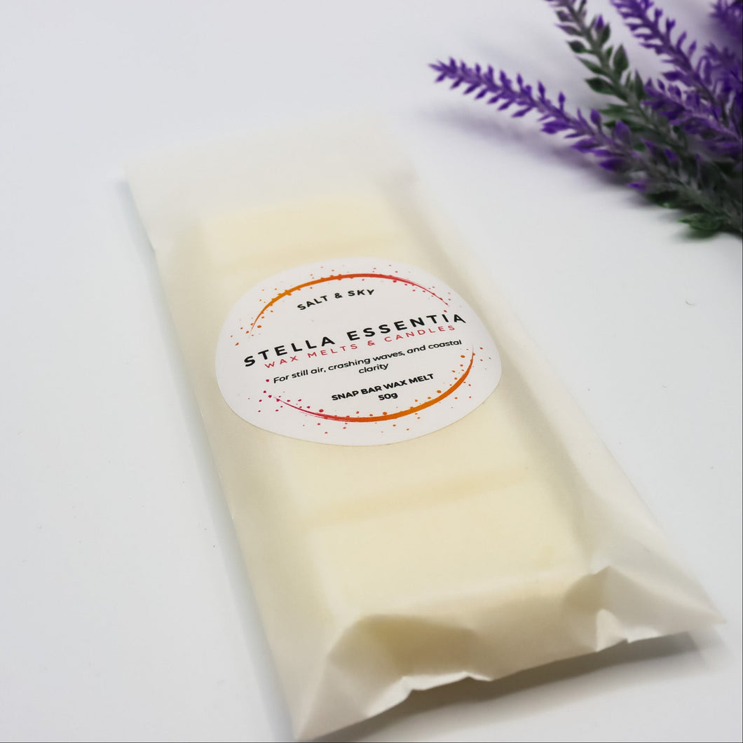Salt & Sky wax melt bar by Stella Essentia – a fresh, coastal scent with seaweed, driftwood, and ocean air.